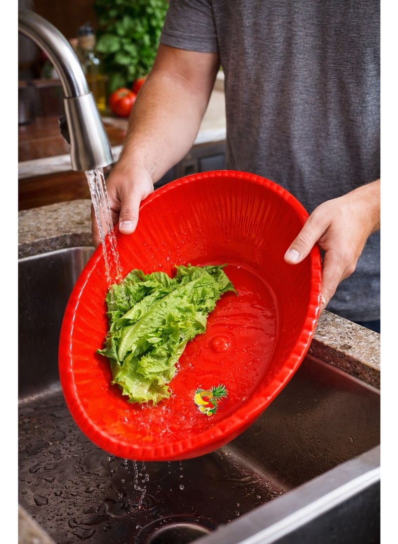 Multipurpose Ribbed Plastic Washing Bowl – Deep Kitchen Basin for Vegetables, Fruit, and Home Organization – Bright Red - Image 1